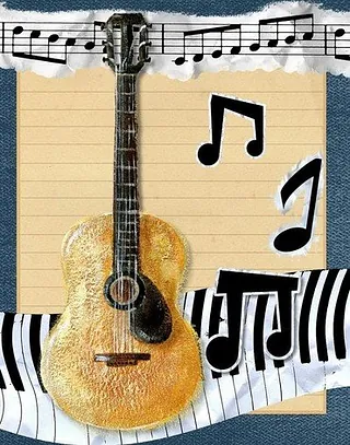 Eine Collage von Musikinstrumenten und Symbolen mit einer Akustikgitarre.
