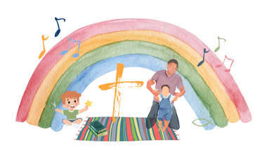 Eine Cartoon-Illustration mit einem Vater, zwei Kindern, einem Kreuz und einem Regenbogen.