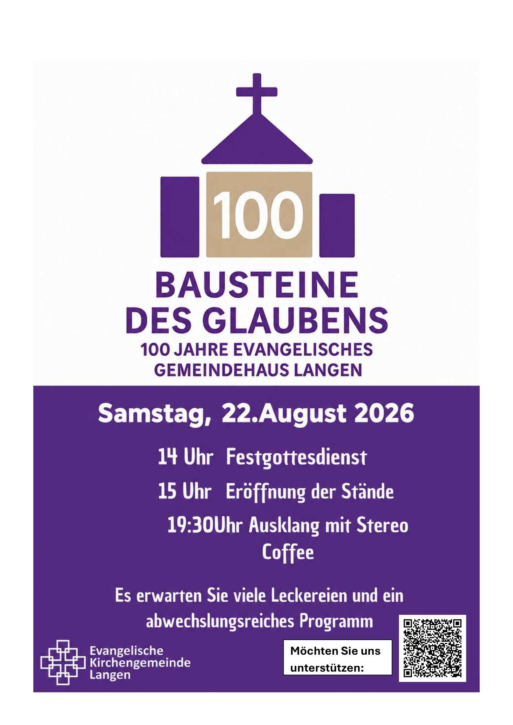 Einladung zum Gemeindefest "Bausteine des Glaubens" mit Programm und Hinweis auf die Möglichkeit zu helfen