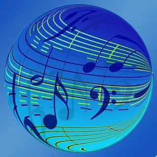 Eine blaue Kugel mit Noten und Notenlinien.