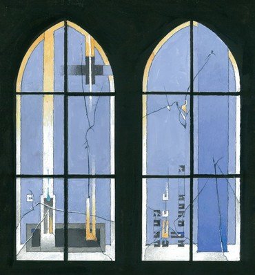 Ein Buntglasfenster mit zwei Scheiben, das ein zerbrochenes Kreuz zeigt.