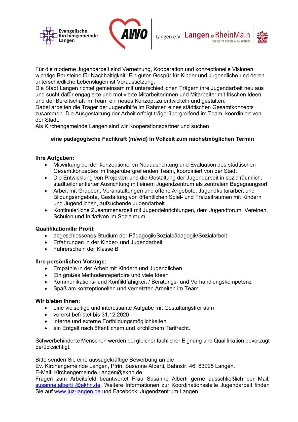 Eine Stellenausschreibung für eine pädagogische Fachkraft bei der Kirchengemeinde Langen.