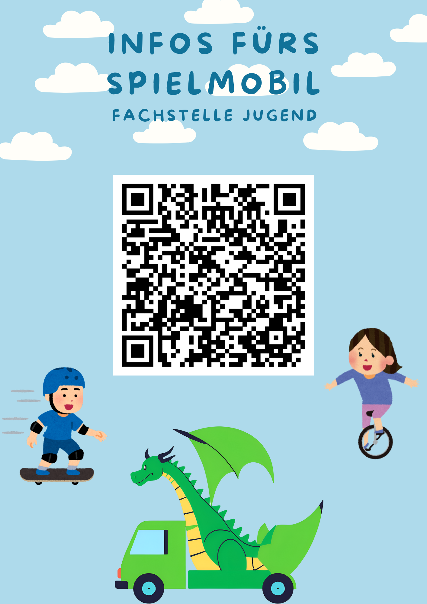 Ein Flyer mit QR-Code und Illustrationen eines skateboardfahrenden Jungen und eines Drachenautos.